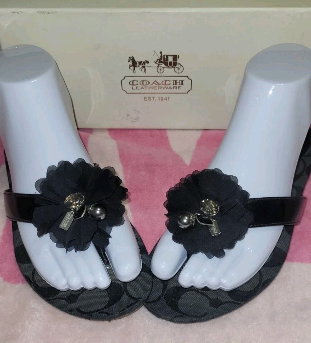 Coach Serenity Sandal, Patent Leather, Black Flower, Silver Coach Hangtag Charm